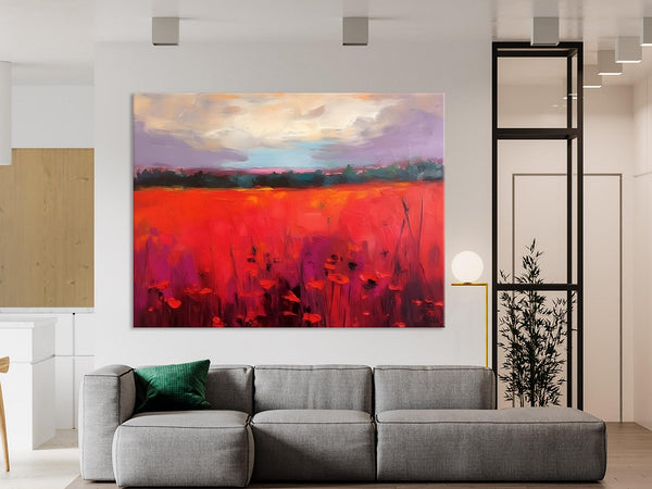 Simple Modern Art, Original Landscape Painting, Landscape Paintings for Living Room, Poppy Filed Canvas Paintings, Large Wall Art Paintings-Art Painting Canvas