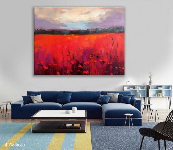 Simple Modern Art, Original Landscape Painting, Landscape Paintings for Living Room, Poppy Filed Canvas Paintings, Large Wall Art Paintings-Art Painting Canvas