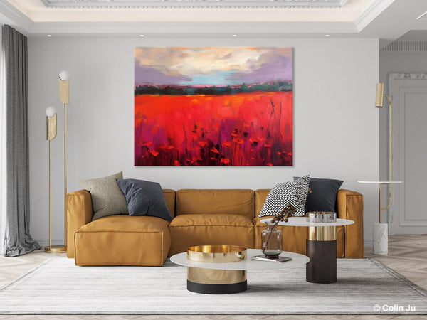 Simple Modern Art, Original Landscape Painting, Landscape Paintings for Living Room, Poppy Filed Canvas Paintings, Large Wall Art Paintings-Art Painting Canvas