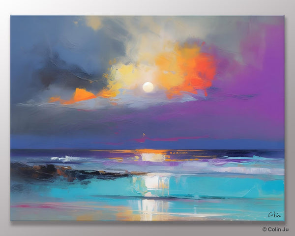 Landscape Painting on Canvas, Hand Painted Canvas Art, Moon Rising from Sea, Contemporary Wall Art Paintings, Extra Large Original Art-Art Painting Canvas