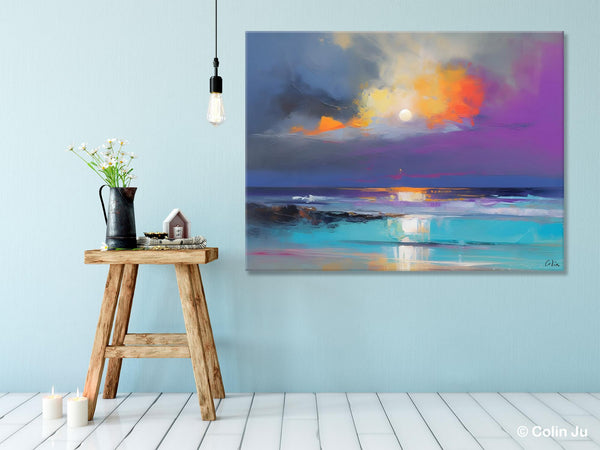 Landscape Painting on Canvas, Hand Painted Canvas Art, Moon Rising from Sea, Contemporary Wall Art Paintings, Extra Large Original Art-Art Painting Canvas
