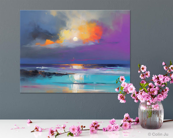 Landscape Painting on Canvas, Hand Painted Canvas Art, Moon Rising from Sea, Contemporary Wall Art Paintings, Extra Large Original Art-Art Painting Canvas