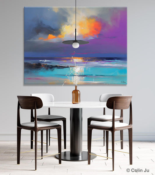 Landscape Painting on Canvas, Hand Painted Canvas Art, Moon Rising from Sea, Contemporary Wall Art Paintings, Extra Large Original Art-Art Painting Canvas