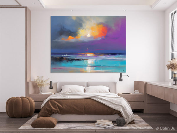 Landscape Painting on Canvas, Hand Painted Canvas Art, Moon Rising from Sea, Contemporary Wall Art Paintings, Extra Large Original Art-Art Painting Canvas