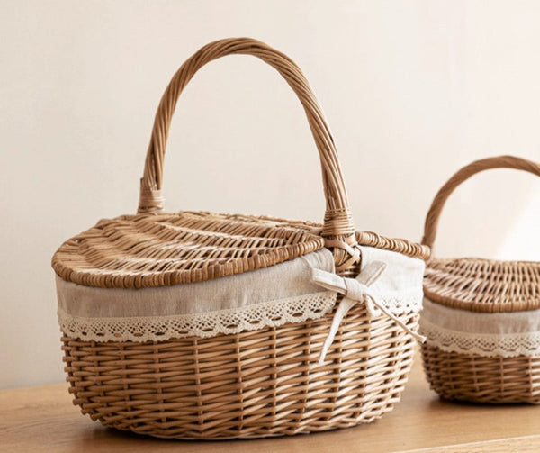 Picnic Storage Basket with Handle, Extra Large Kitchen Storage Baskets, Natural Hand-woven Wicker Storage Basket, Lovely Willow Weaving Baskets for Vegetable, Natural Fruit Storage Baskets-Art Painting Canvas