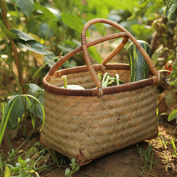Storage Basket with Handle, Large Kitchen Storage Baskets, Natural Hand-woven Bamboo Storage Basket, Lovely Bamboo Weaving Baskets for Vegetable, Picnic Fruit Storage Baskets-Art Painting Canvas