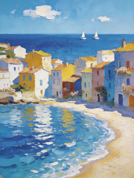 Landscape Paintings for Bedroom, Seaside Hamlet Picturesque View, Hand Painted Canvas Art, Small Oil Paintings, Palette Knife Artwork, Original Canvas Paintings-Art Painting Canvas