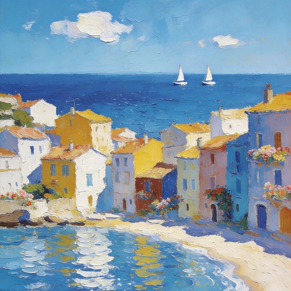 Landscape Paintings for Bedroom, Seaside Hamlet Picturesque View, Hand Painted Canvas Art, Small Oil Paintings, Palette Knife Artwork, Original Canvas Paintings-Art Painting Canvas