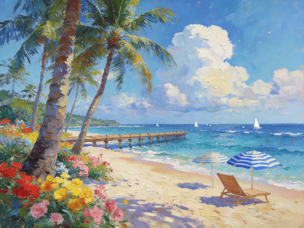 Canvas Paintings for Living Room, Beach with Palm Perfection, Hand Painted Canvas Art, Small Oil Paintings, Small Wall Art Paintings, Original Landscape Paintings-Art Painting Canvas