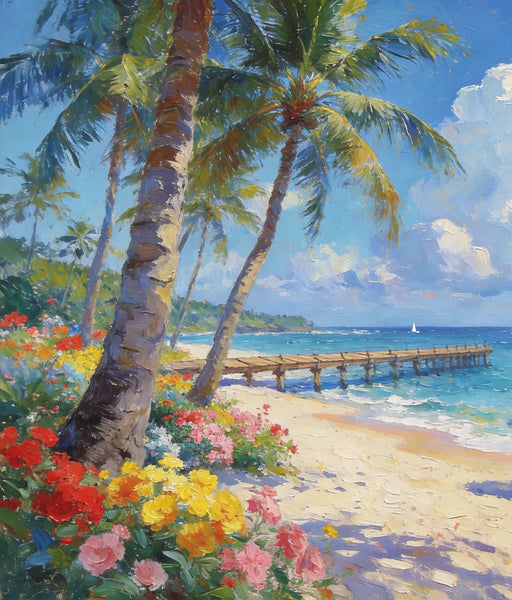 Canvas Paintings for Living Room, Beach with Palm Perfection, Hand Painted Canvas Art, Small Oil Paintings, Small Wall Art Paintings, Original Landscape Paintings-Art Painting Canvas
