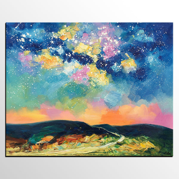 Abstract Landscape Painting, Starry Night Sky Painting, Heavy Texture Painting, Custom Canvas Painting for Sale, Large Painting for Bedroom-Art Painting Canvas