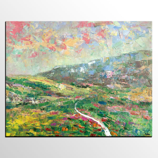 Mountain Landscape Painting, Palette Knife Paintings, Custom Wall Art Painting on Canvas, Spring Mountain Painting-Art Painting Canvas