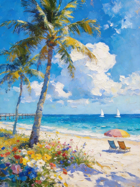 Hand Painted Canvas Wall Art, Tropical Beach Tranquility, Palm Trees Seashore Paintings, Original Oil Paintings, Small Canvas Paintings, Heavy Texture Artwork, Small Canvas Paintings-Art Painting Canvas