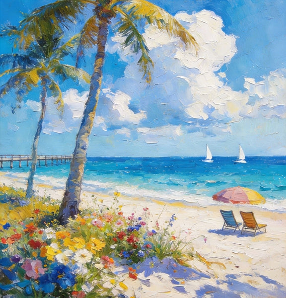 Hand Painted Canvas Wall Art, Tropical Beach Tranquility, Palm Trees Seashore Paintings, Original Oil Paintings, Small Canvas Paintings, Heavy Texture Artwork, Small Canvas Paintings-Art Painting Canvas