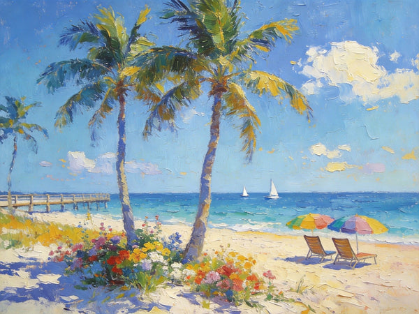 Summer Resort, Seaside Tranquility, Seashore Palm Tree Painting, Landscape Canvas Paintings, Hand Painted Canvas Art, Small Oil Paintings, Small Wall Art Paintings, Original Canvas Paintings-Art Painting Canvas