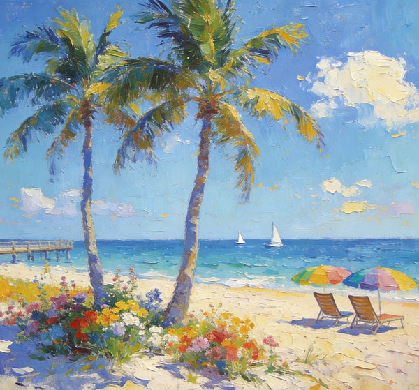 Summer Resort, Seaside Tranquility, Seashore Palm Tree Painting, Landscape Canvas Paintings, Hand Painted Canvas Art, Small Oil Paintings, Small Wall Art Paintings, Original Canvas Paintings-Art Painting Canvas