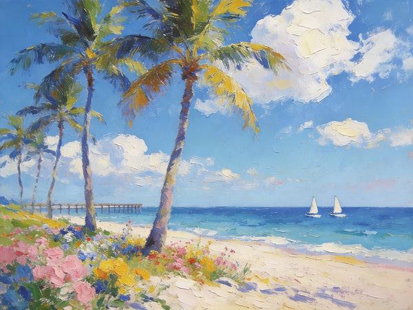 Landscape Paintings on Canvas, Beach Paradise with Palm Trees, Seashore Beach Paintings, Buy Paintings Online, Palette Knife Oil Paintings, Hand Painted Canvas Art, Original Oil Paintings-Art Painting Canvas