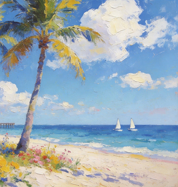 Landscape Paintings on Canvas, Beach Paradise with Palm Trees, Seashore Beach Paintings, Buy Paintings Online, Palette Knife Oil Paintings, Hand Painted Canvas Art, Original Oil Paintings-Art Painting Canvas