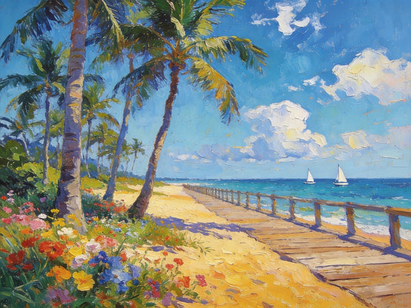 Small Wall Art Paintings, Beachside Beauty, Seashore Palm Tree Paintings, Small Oil Paintings, Hand Painted Canvas Art, Canvas Paintings for Living Room, Original Landscape Paintings-Art Painting Canvas