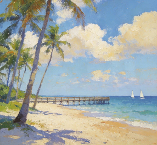 Palette Knife Artwork, Sandy Shores and Palm Tree, Hand Painted Canvas Art, Small Oil Paintings, Original Canvas Paintings, Landscape Paintings for Bedroom-Art Painting Canvas