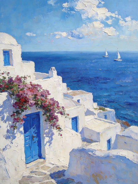 On Canvas Small Paintings, Mediterranean Bliss by the Aegean, Seashore Painting, Beach Oil Paintings, Landscape Canvas Paintings, Original Landscape Paintings, Hand Painted Canvas Art-Art Painting Canvas