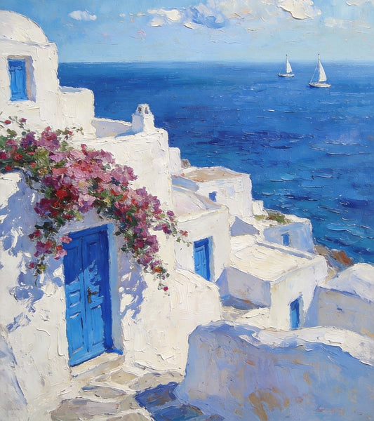 On Canvas Small Paintings, Mediterranean Bliss by the Aegean, Seashore Painting, Beach Oil Paintings, Landscape Canvas Paintings, Original Landscape Paintings, Hand Painted Canvas Art-Art Painting Canvas