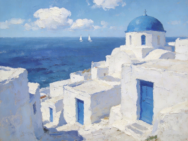 Palette Knife Oil Paintings, Aegean's Azure Allure, Seashore Beach Paintings, Landscape Canvas Paintings, Small Landscape Paintings on Canvas, Hand Painted Canvas Art, Original Oil Paintings-Art Painting Canvas