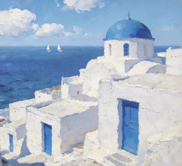 Palette Knife Oil Paintings, Aegean's Azure Allure, Seashore Beach Paintings, Landscape Canvas Paintings, Small Landscape Paintings on Canvas, Hand Painted Canvas Art, Original Oil Paintings-Art Painting Canvas