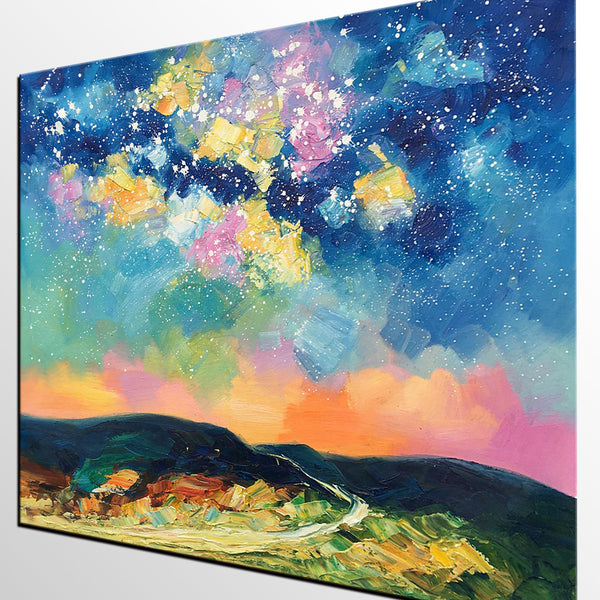 Abstract Landscape Painting, Starry Night Sky Painting, Heavy Texture Painting, Custom Canvas Painting for Sale, Large Painting for Bedroom-Art Painting Canvas