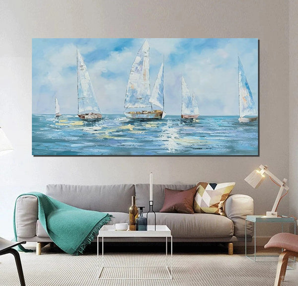 Sail Boat Acrylic Paintings on Canvas, Hand Painted Wall Art Paintings, Contemporary Canvas Artwork, Abstract Wall Art Paintings, Modern Art Paintings for Dining Room-Art Painting Canvas