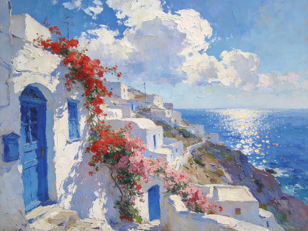 Small Original Oil Paintings, Coastal Charm of the Aegean, Hand Painted Canvas Art, Landscape Wall Art Paintings, Landscape Paintings for Living Room-Art Painting Canvas