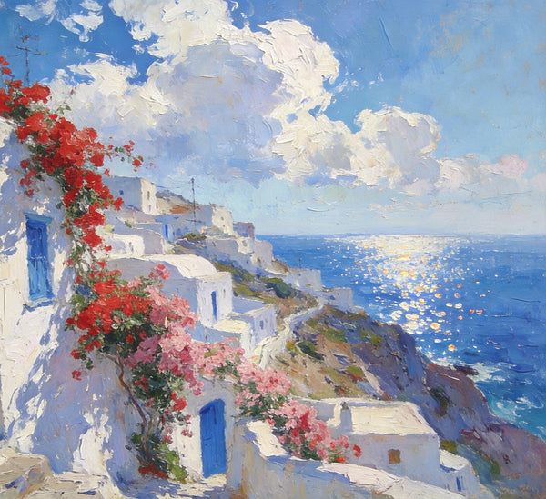 Small Original Oil Paintings, Coastal Charm of the Aegean, Hand Painted Canvas Art, Landscape Wall Art Paintings, Landscape Paintings for Living Room-Art Painting Canvas
