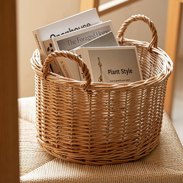 Small Picnic Fruit Basket with Handle, Kitchen Storage Baskets, Natural Hand-woven Wicker Round Storage Basket, Small Willow Weaving Baskets for Vegetable, Natural Fruit Storage Basket-Art Painting Canvas