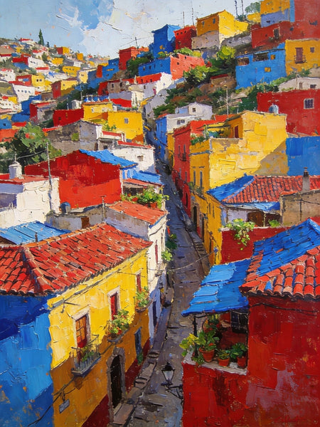 Original Wall Art Paintings, Guanajuato's Vibrant Hilltop Village, Hand Painted Canvas Wall Art, Heavy Texture Artwork, Small Oil Paintings-Art Painting Canvas