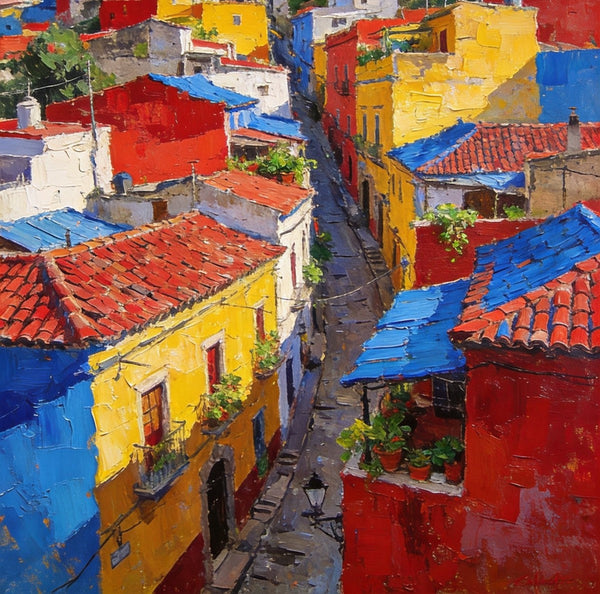 Original Wall Art Paintings, Guanajuato's Vibrant Hilltop Village, Hand Painted Canvas Wall Art, Heavy Texture Artwork, Small Oil Paintings-Art Painting Canvas