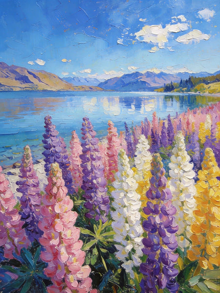 Small Oil Paintings, Scenic Lake Pukaki with Flowers, Heavy Texture Artwork, Hand Painted Canvas Art, Original Landscape Paintings, Canvas Paintings for Bedroom-Art Painting Canvas