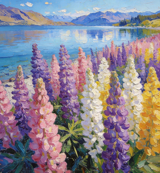 Small Oil Paintings, Scenic Lake Pukaki with Flowers, Heavy Texture Artwork, Hand Painted Canvas Art, Original Landscape Paintings, Canvas Paintings for Bedroom-Art Painting Canvas