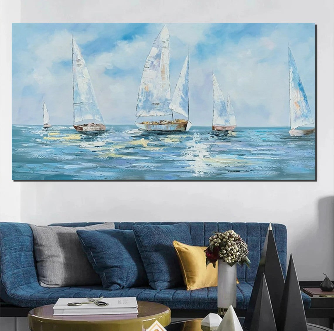 Sail Boat Acrylic Paintings on Canvas, Hand Painted Wall Art Paintings, Contemporary Canvas Artwork, Abstract Wall Art Paintings, Modern Art Paintings for Dining Room-Art Painting Canvas
