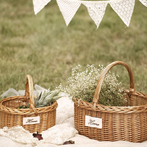 Hand-woven Wicker Storage Basket, Large Picnic Food Basket with Handle, Willow Weaving Baskets for Vegetable, Natural Fruit Basket, Kitchen Storage Baskets-Art Painting Canvas