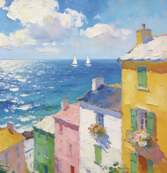 Landscape Paintings for Living Room, Seaside Town Enchanting Landscape, Hand Painted Canvas Art, Small Canvas Paintings, Landscape Wall Art Paintings, Original Oil Paintings-Art Painting Canvas