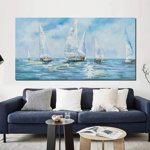 Sail Boat Acrylic Paintings on Canvas, Hand Painted Wall Art Paintings, Contemporary Canvas Artwork, Abstract Wall Art Paintings, Modern Art Paintings for Dining Room-Art Painting Canvas