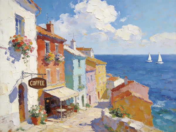 Original Landscape Paintings, Beach Town Serenity, Small Oil Paintings, Buy Painting Online, Hand Painted Canvas Art, Heavy Texture Artwork-Art Painting Canvas