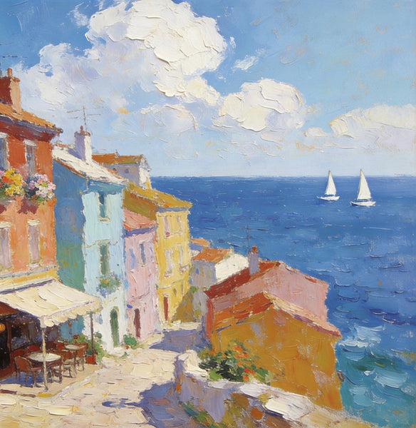 Original Landscape Paintings, Beach Town Serenity, Small Oil Paintings, Buy Painting Online, Hand Painted Canvas Art, Heavy Texture Artwork-Art Painting Canvas