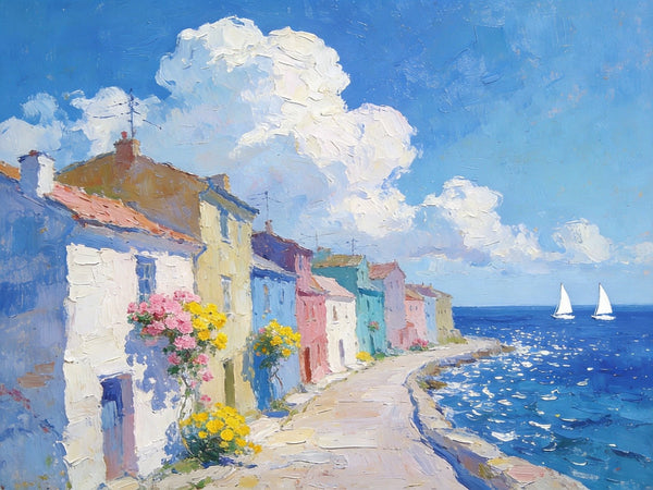Small Landscape Paintings on Canvas, Coastal Town Dreamy Vista, Seashore Beach Paintings, Landscape Canvas Paintings, Palette Knife Oil Paintings, Hand Painted Canvas Art, Original Oil Paintings-Art Painting Canvas