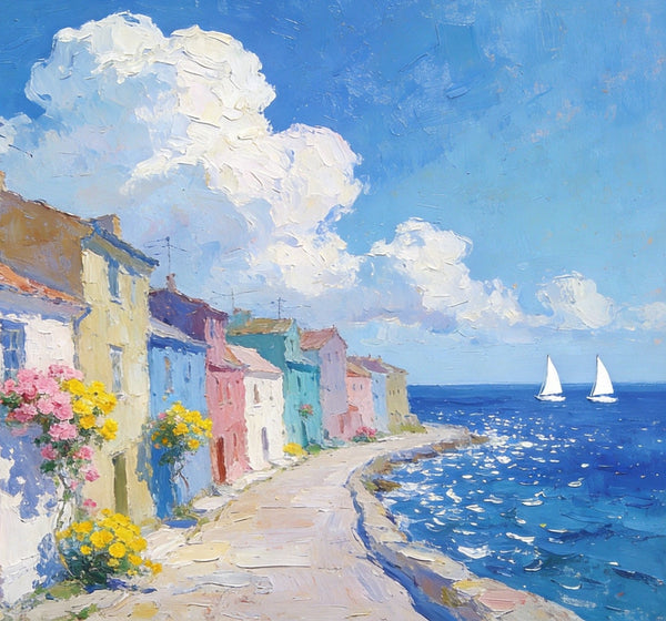 Small Landscape Paintings on Canvas, Coastal Town Dreamy Vista, Seashore Beach Paintings, Landscape Canvas Paintings, Palette Knife Oil Paintings, Hand Painted Canvas Art, Original Oil Paintings-Art Painting Canvas