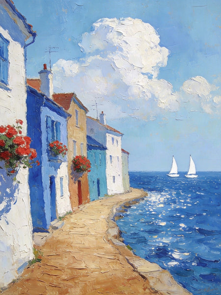 Palette Knife Artwork, Seaside Town Peaceful Ambiance, Hand Painted Canvas Art, Small Oil Paintings, Original Canvas Paintings, Landscape Paintings for Bedroom-Art Painting Canvas