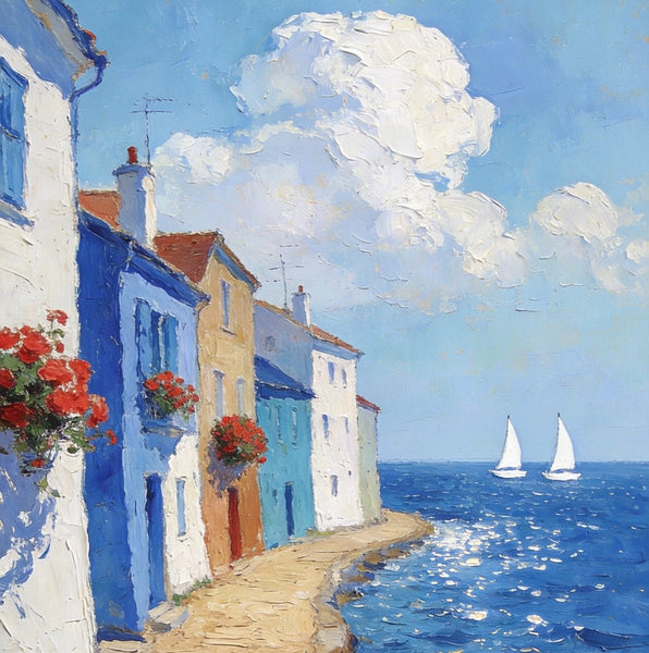 Palette Knife Artwork, Seaside Town Peaceful Ambiance, Hand Painted Canvas Art, Small Oil Paintings, Original Canvas Paintings, Landscape Paintings for Bedroom-Art Painting Canvas