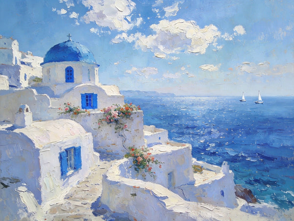 The Blue Domed Church by the Sea, Hand Painted Canvas Art, Small Oil Paintings, Heavy Texture Artwork, Landscape Canvas Paintings, Original Canvas Paintings-Art Painting Canvas