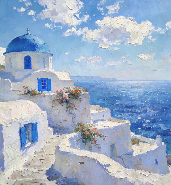 The Blue Domed Church by the Sea, Hand Painted Canvas Art, Small Oil Paintings, Heavy Texture Artwork, Landscape Canvas Paintings, Original Canvas Paintings-Art Painting Canvas