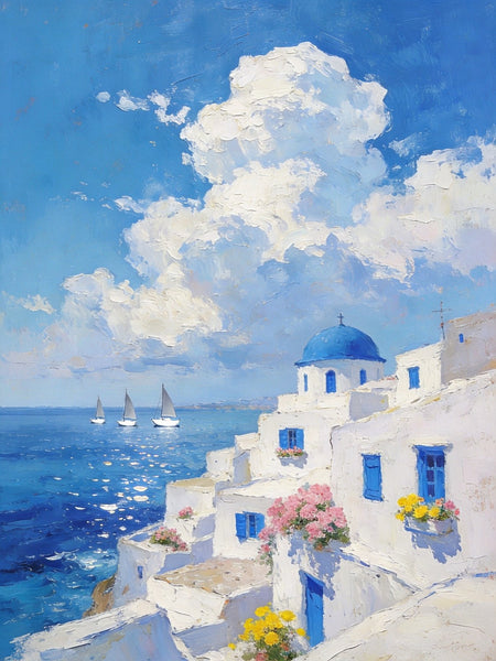 Greek Dream by the Aegean, Seashore Paintings, Canvas Paintings for Bedroom, Original Landscape Paintings, Heavy Texture Artwork, Small Oil Paintings, Hand Painted Canvas Art-Art Painting Canvas